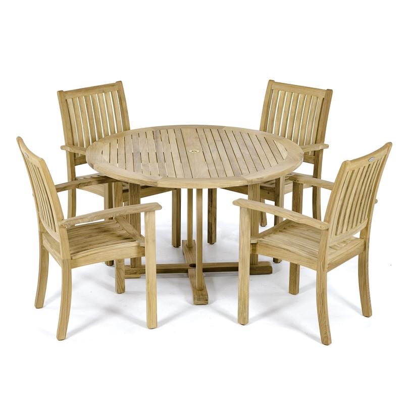 alt="70737 Sussex teak Round Dining Set angled top view with 4 Sussex Teak Armchairs and Teak 48 inch diameter round dining table side view on white background"