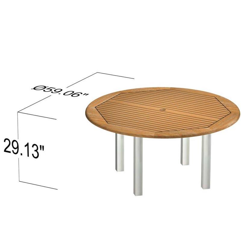 alt="25014 Vogue teak and stainless steel 60 inch diameter round table showing autocad in angled aerial view on white background"
