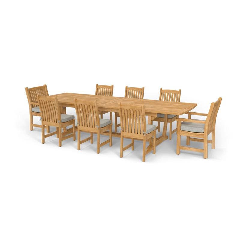 alt="70792 Veranda 9 pc Teak Dining Set showing Veranda Rectangular Dining Table and 2 Dining Armchairs and 6 Dining Side Chiars with optional seat cushions in side angled view on white background "