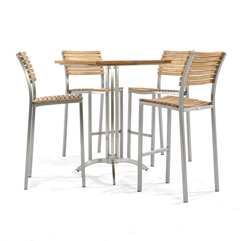 alt="70075 Vogue teak and stainless steel 5 piece High Bar Set of 4 barstools and 30 inch square bar table side view on white background"