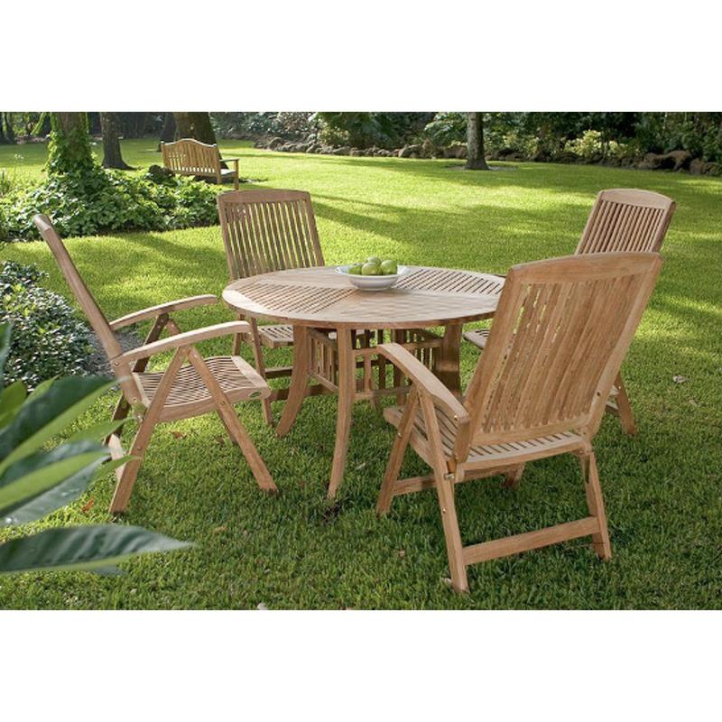alt="70045 Hyatt Recliner 5 piece round teak Dining Set on a grass lawn with white bowl of green apples on table and trees and shrubs in background"