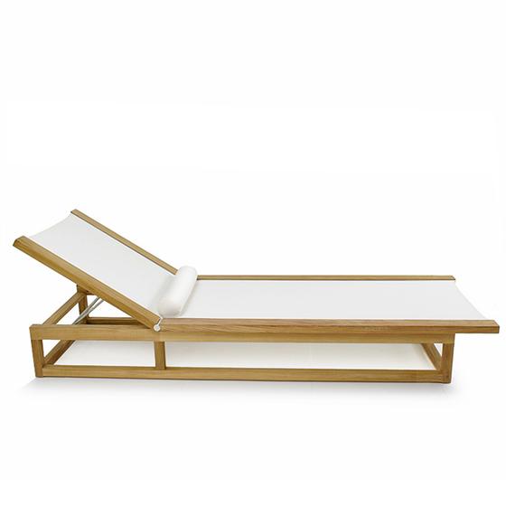 16771 Maya teak Chaise Lounger in white Textilene mesh fabric and bolster cushion side view backrest upright on a white background 