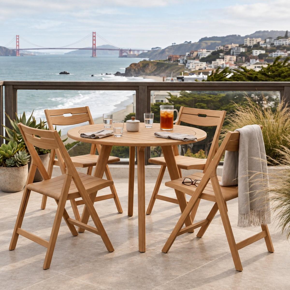 Surf Round Teak Dining Set with 4 Surf Folding Dining Chairs — picture A