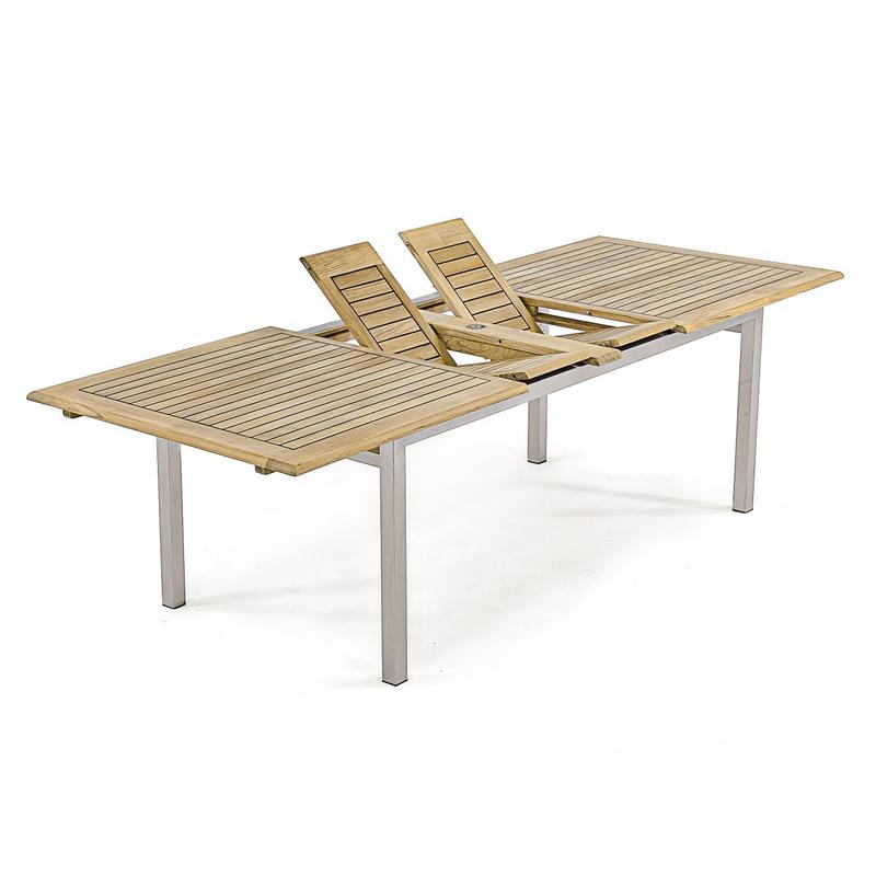 alt="25025 Vogue Teak and Stainless Steel102 inch Rectangular Extension Dining Table showing partially extended double butterfly leaves on white background"