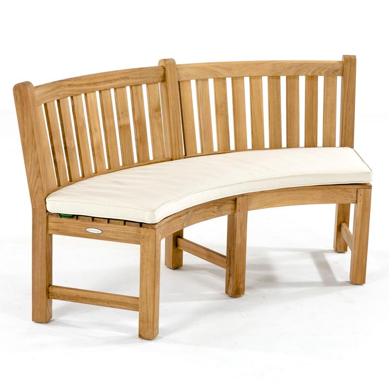 alt="70862 Buckingham teak 6ft curved bench angled view showing optional canvas color cushion on white background"