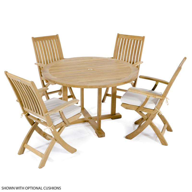 alt="70536 Barbuda 5 piece Dining Set of 4 folding armchairs with optional seat cushions and a 48 inch diameter round dining table angled aerial view on white background"