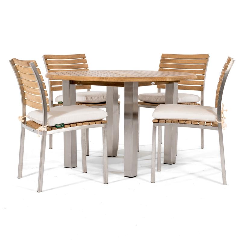 alt="25013 Vogue 4 foot Round Teak Table with Vogue Dining Set for 4 with optional seat cushions on white background"