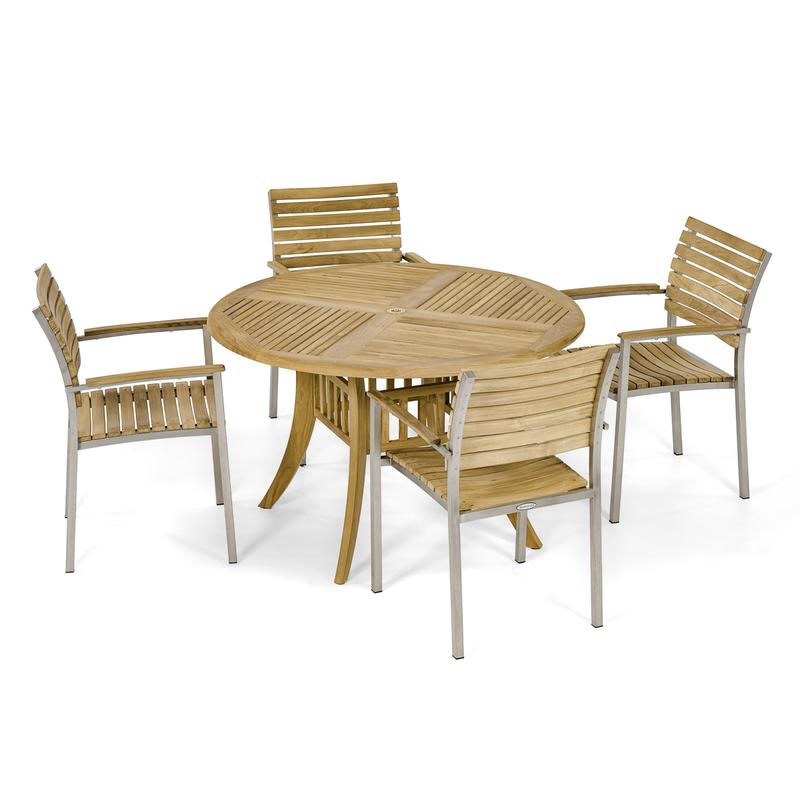 alt="70581 Grand Hyatt Vogue Dining Set of Grand Hyatt Teak 48 inch Round Dining Table and 4 Vogue Dining Chairs angled aerial view on white background"