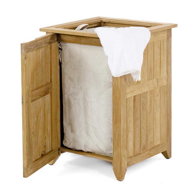 alt="18165hm Palazzo Roman Numeral One teak Hamper open door and towel on top on white background"