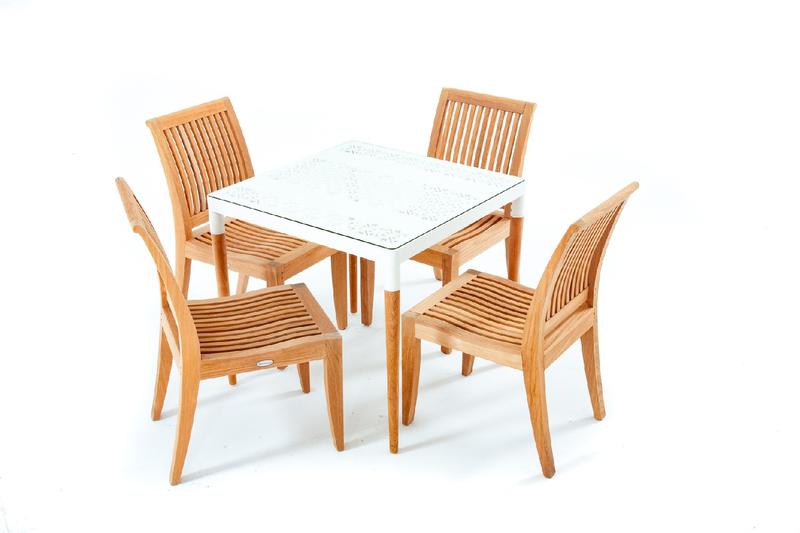 alt="70420 Bloom Laguna teak and powder coated aluminum 5 piece Dining Set on white background "