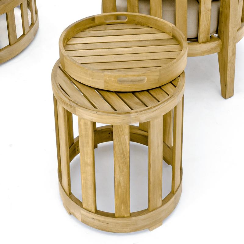 alt="14170 Kafelonia Side Table angled top view showing removable teak tray partially on table top on white background"