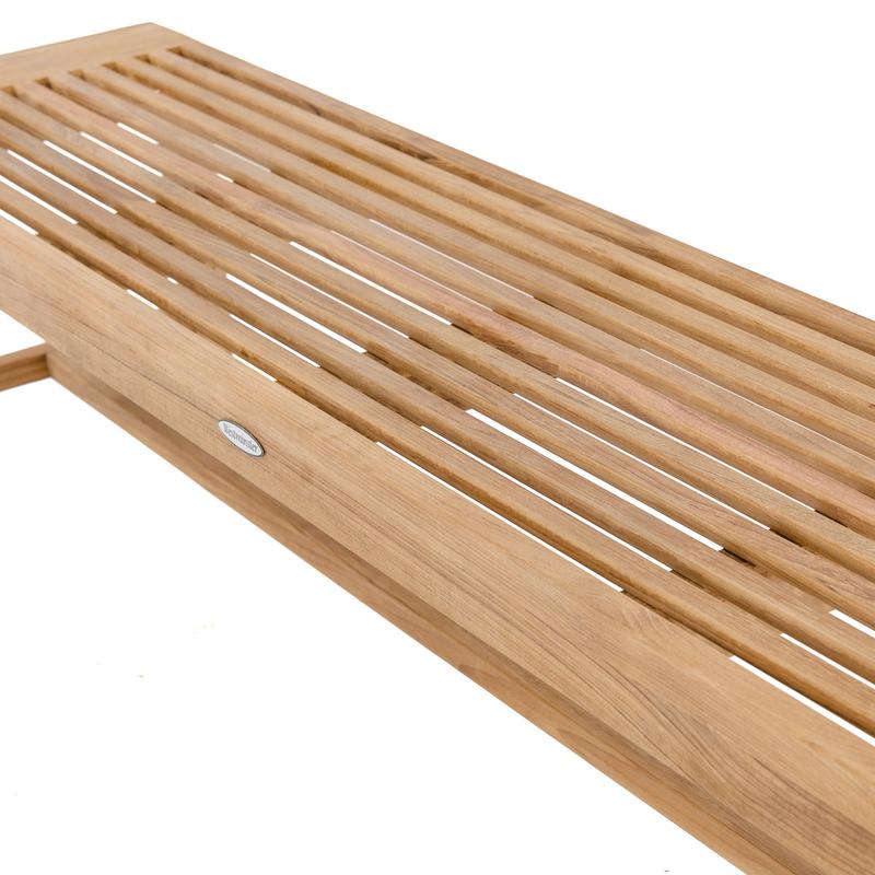 alt="13917 Laguna 6 foot teak Backless Bench closeup of seat showing slats on white background"