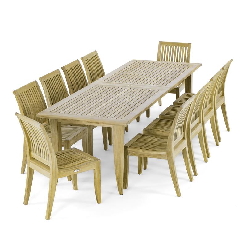 alt="70773 Laguna 11 piece Teak Dining Set end angled view on white background"
