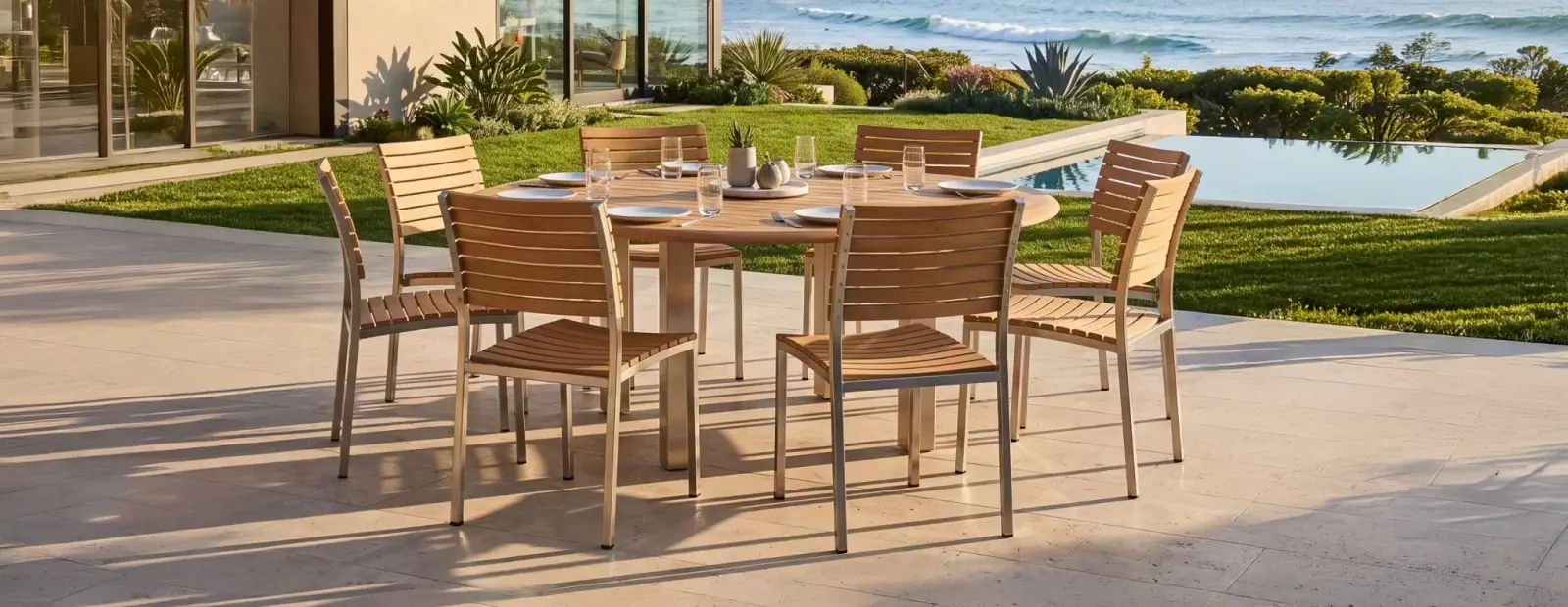Vogue 9-piece teak patio dining set with a round table and stainless steel side chairs on an oceanfront terrace by a pool by Westminster Teak