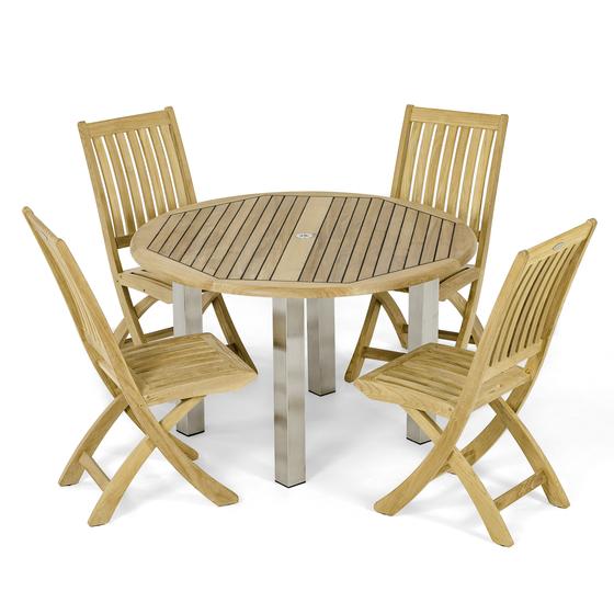 70627 Vogue Barbuda 5 pc Dining Set of Vogue Teak and Stainless Steel 48 inch Round Table and 4 Barbuda Folding Chairs angled on white background