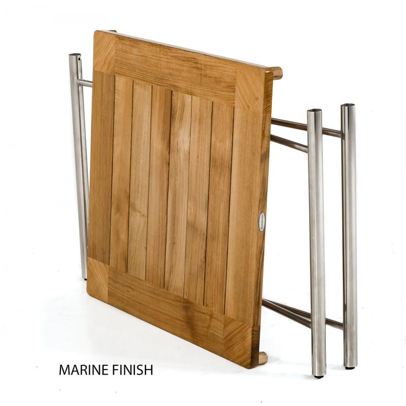alt="25815 Odyssey 32 inch square teak and stainless steel dining table with Marine Sealant Finish folded flat angled on white background"