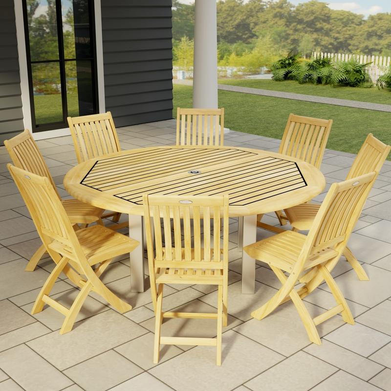 alt="70486 Vogue Teak Barbuda Dining Set for 8 of Vogue Dining Table and 8 Barbuda folding Side Chairs angled on tiled patio with window and house and pillar and white fence with trees in background "