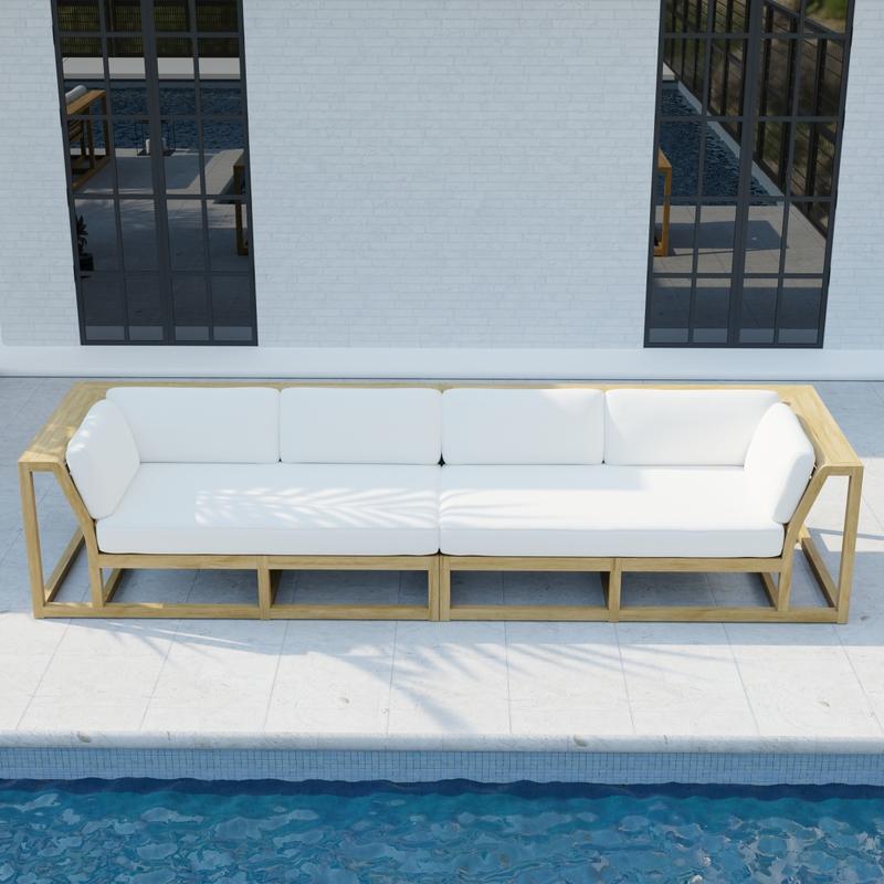 alt="70278  Maya Grand Sofa Set of Maya Left and Right Side Sectional in aerial front view on a patio facing a pool and a house with 2 windows in the background"