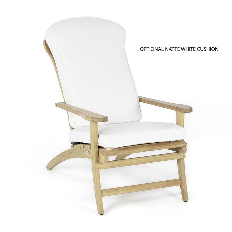 alt="12221 teak Adirondack Chair with cushions side angled on white background"