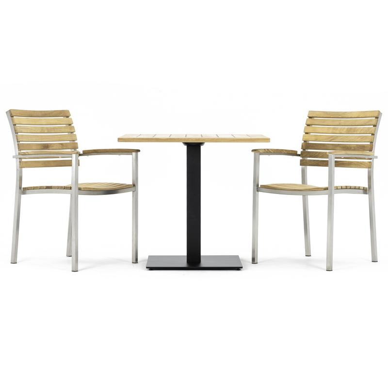 alt="70198 Vogue 3 pc Teak Bistro Set of Teak 32 Inch Square Table and 2 Vogue Teak and Stainless Steel Dining Chairs side view on white background"