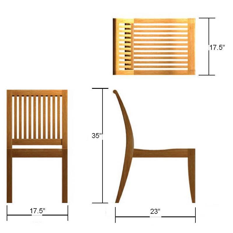 alt="70291 Hyatt Laguna teak side chair autocad of seat side and rear views on white background"