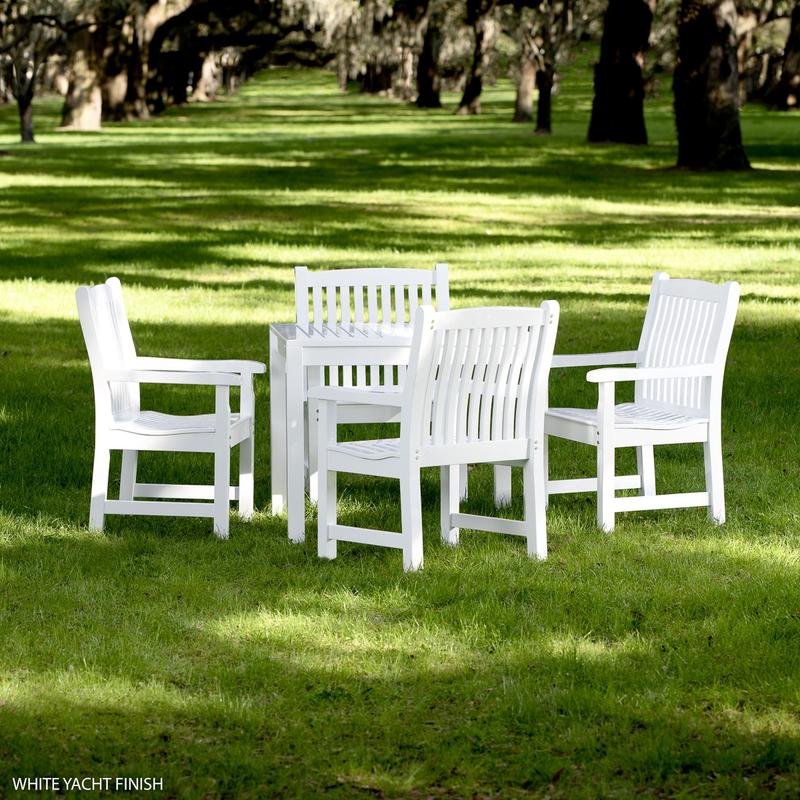 alt="70425 Veranda 5pc Square Teak Dining Set with whote finish on grass field with trees in background"