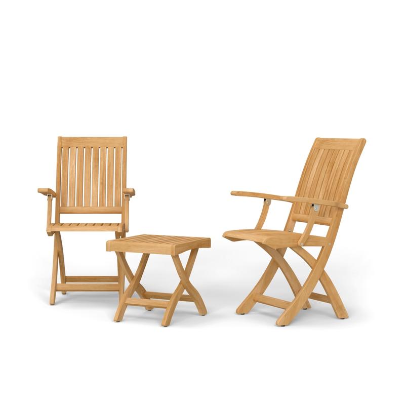 alt="70798 Barbuda 3 pc Chat Set of 2 Barbuda Teak Armchairs and Ottoman - Side Table in angled front view on white background"