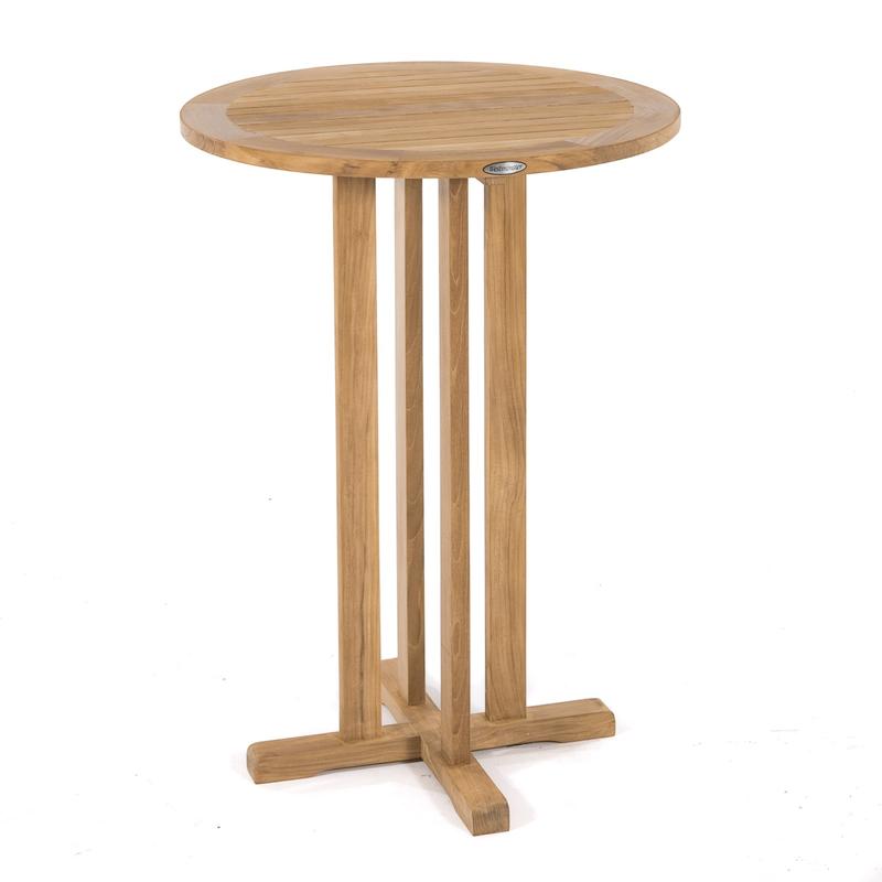 alt="15033 Teak 30 Inch Round Bar Table in angled top view on white background"