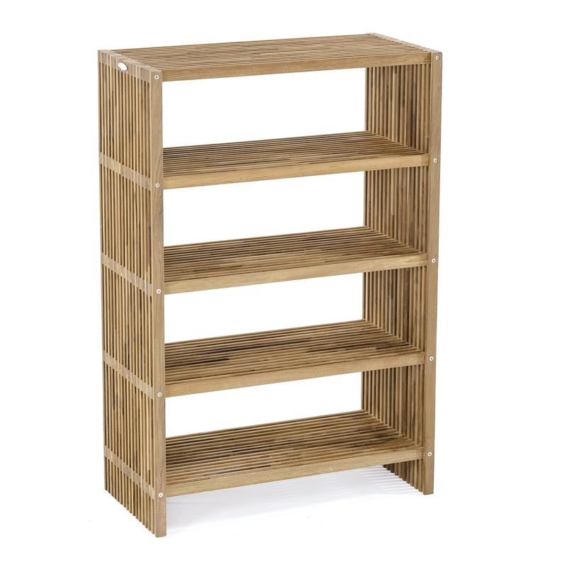 alt="18221 Teak Storage Shelf 48 inch height angled view on white background"