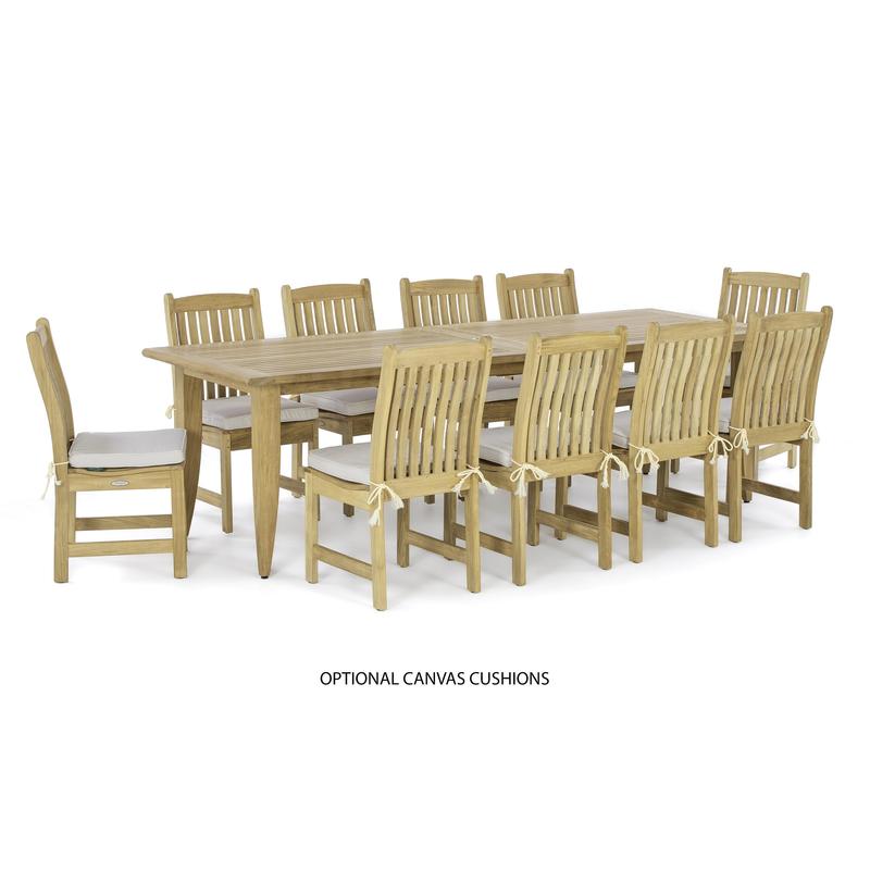 alt="70786 Laguna Veranda 11 piece Teak Dining Set of 10 Veranda Side Chairs with optional canvas cushions and Laguna 11 foot extendable Rectangular Table on white background"