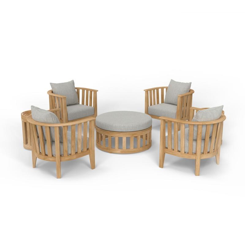 alt="70271 Kafelonia 7 piece Lounge Set of 4 Kafelonia Club Chairs and 2 Side Tables and Coffee Table Ottoman in angled aerial view on white background"