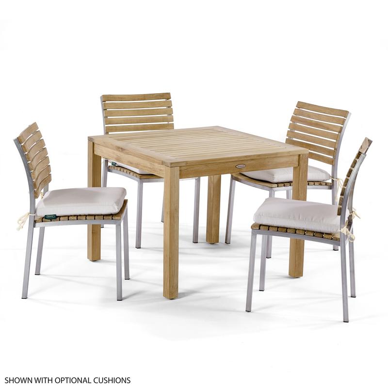 alt="70426 Vogue 5 piece Cafe Set of 4 teak and stainless steel side chairs with optional canvas colored seat cushions and 36 inch square table on white background"