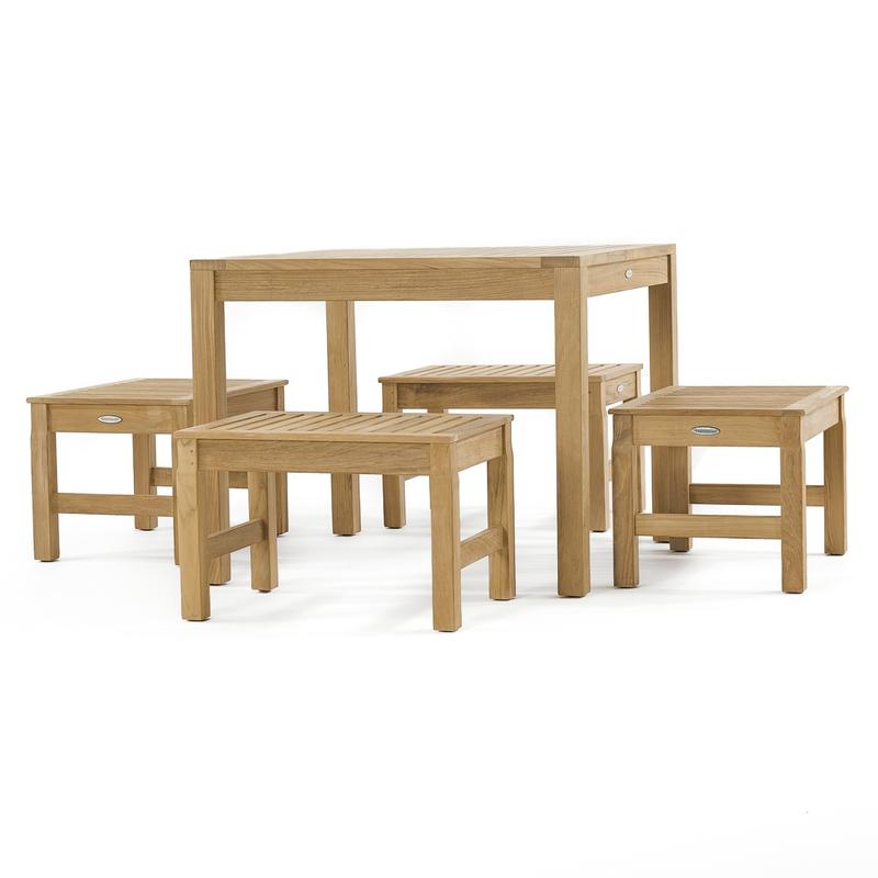 alt="70520 Brunswick 5 piece Cafe Set of 4 teak 24 inch long stools side and 36 inch square teak table side view on white background"