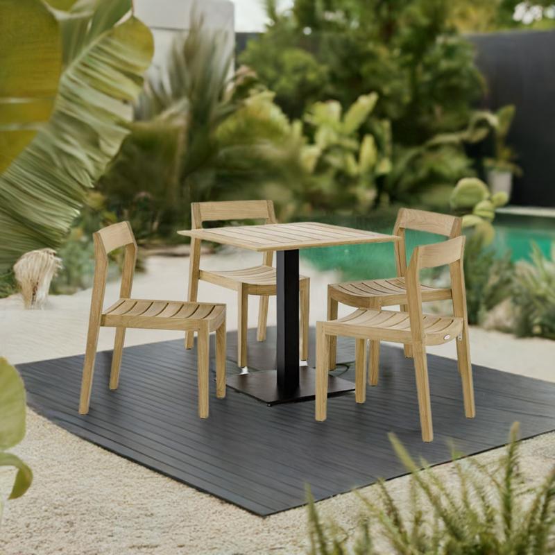 alt="70695 Vogue Horizon 5 piece Cafe Set of 4 teak chairs and a 30 inch square teak and steel table angled view on white background"