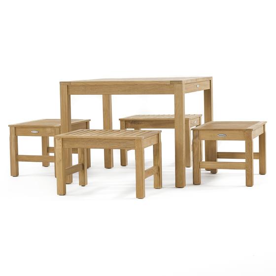 70520 Brunswick 5 piece Cafe Set of 4 teak 24 inch long stools side and 36 inch square teak table side view on white background