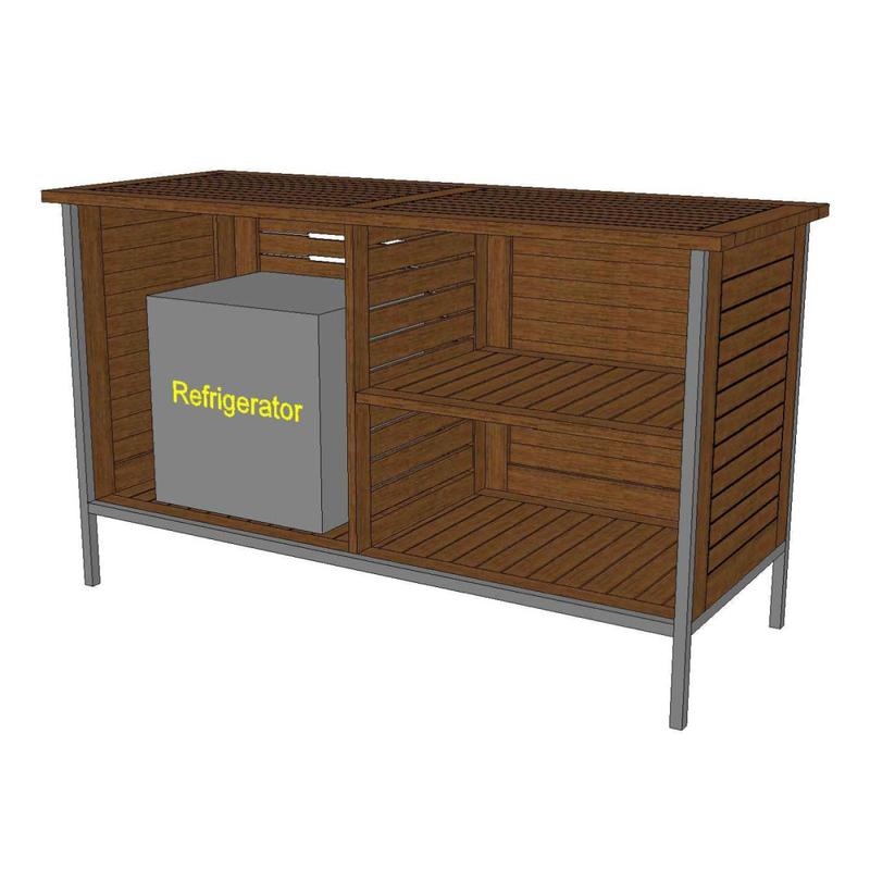 alt="28226 Vogue Teak and Stainless Steel Beverage Console angled view showing space for a beverage refrigerator on white background"