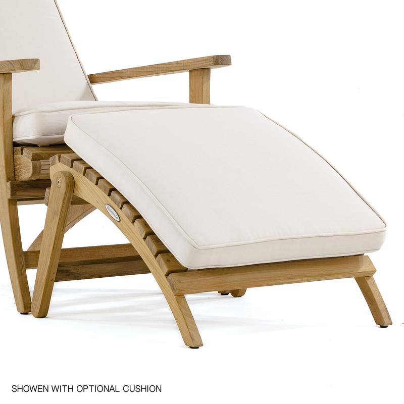 alt="18607 adirondack teak footrest with optional canvas colored cushion angled in front of teak adirondack lounger on white background"