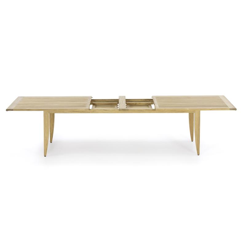 alt="70786 Grand Laguna Extendable Rectangular Teak Table side view showing dual butterfly leaf extenders in open position on white background"
