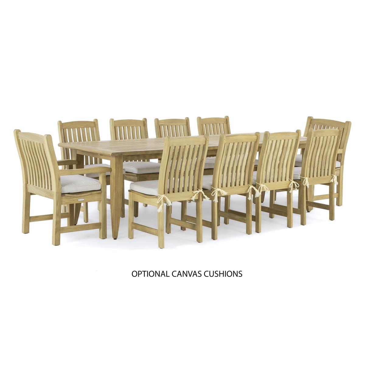 70790 Laguna Veranda 11 piece Teak Dining Set of 2 Veranda Dining and 8 Veranda Side Chairs with canvas colored cushions and Teak Rectangular Dining Table on white background