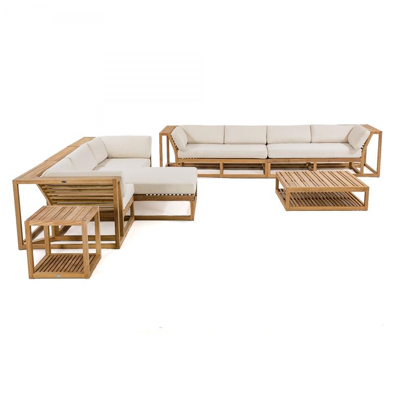 alt="70233 Maya 7 Piece Teak Sectional Sofa Set with canvas colored cushions in angled view on white background"