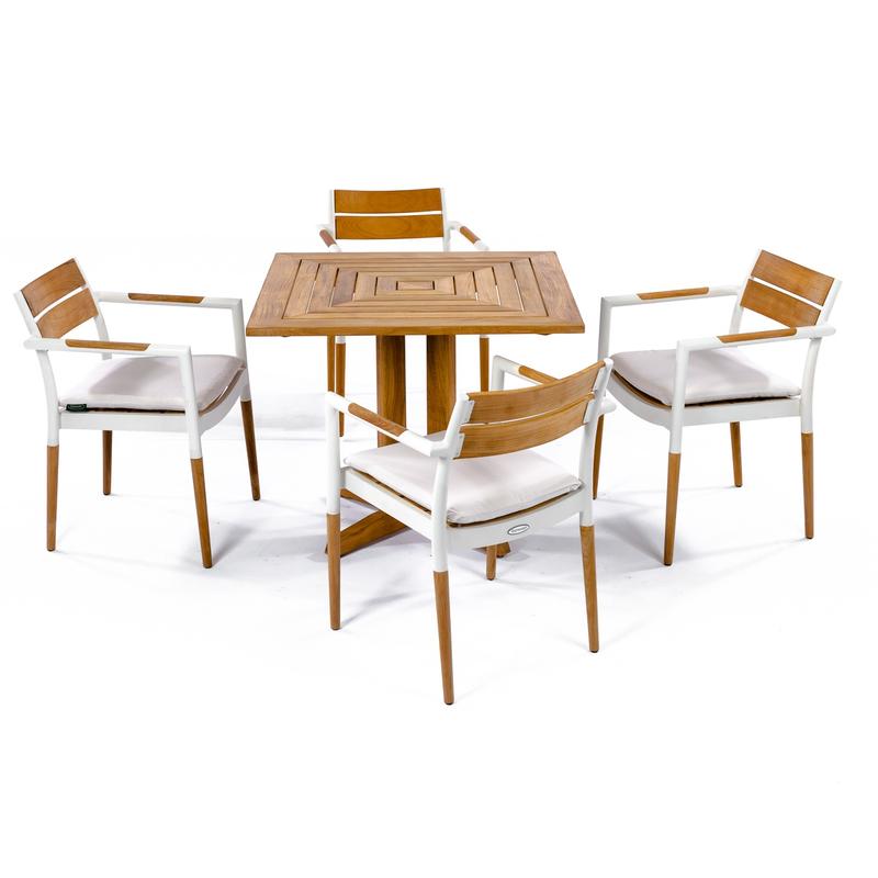 alt="70452 Bloom Pyramid Bistro Dining Set of 4 Bloom teak and powder coated aluminum dining chairs with optional seat cushions and Pyramid 36 inch square teak dining table"