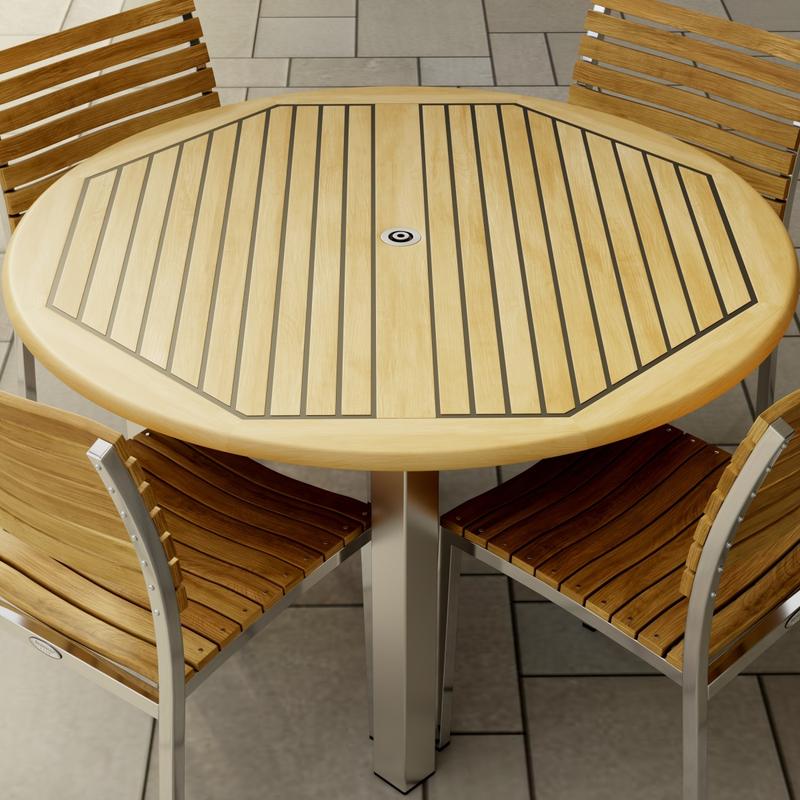 alt="70438 Vogue Dining Set for 4 of Vogue Teak and Stainless Steel 48 inch Round Dining Table and 4 Vogue Side Dining Chairs in side view on white background"