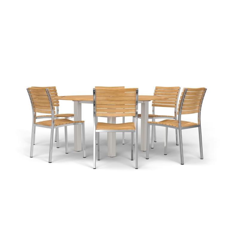 alt="70439 Vogue Dining Set for 6 of Vogue Teak and Stainless Steel 60 inch Round Dining Table and 6 Vogue Side Dining Chairs angled aerial view "
