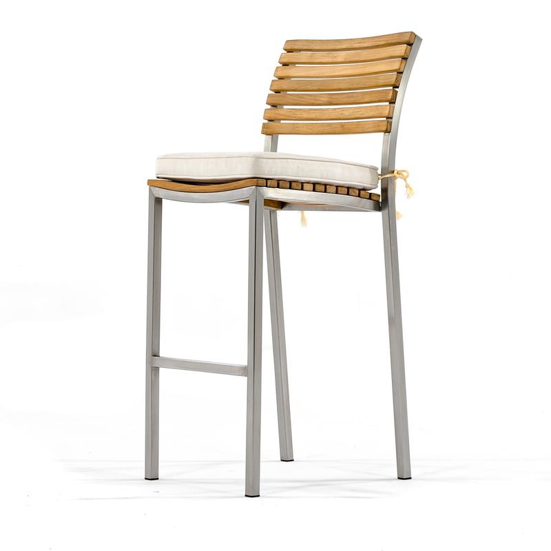 alt="70817 Vogue Teak and Stainless Steel High Back Bar Stool with optional seat cushion front angled on white background"