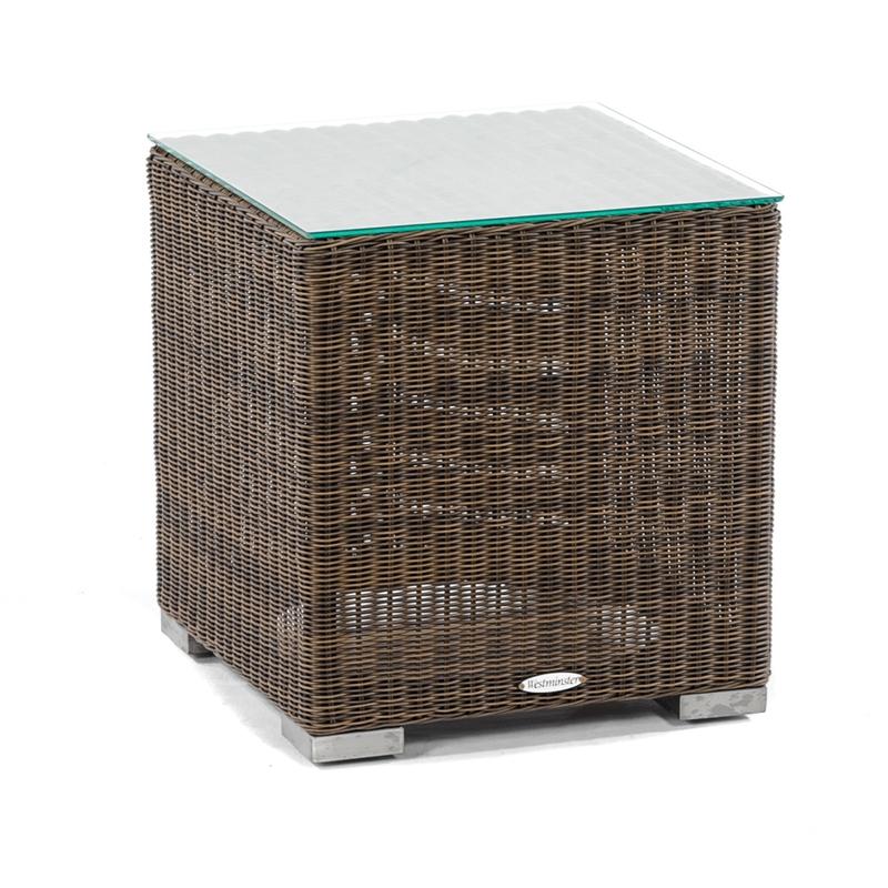 alt="31007SG Malaga Side Table- Stool in Summer Grass with glass top angled view on white background"