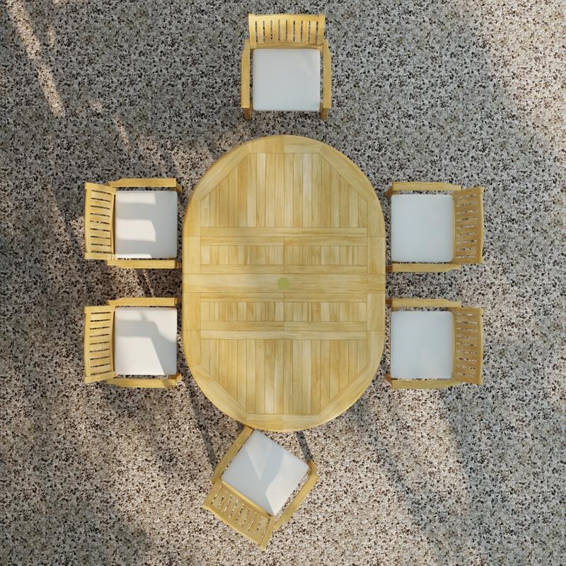 alt="70214 Martinique Sussex Teak 7 pc Dining Set of Martinique Teak Oval Table and 6 Sussex Teak stacking Arm Chairs with optional seat cushions in aerial view on patio"