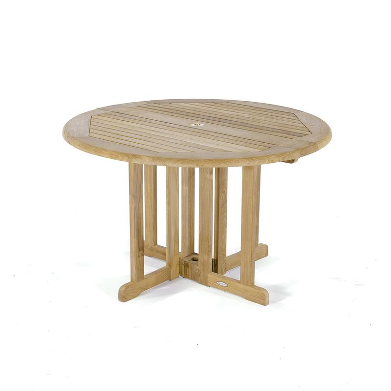alt="15623S Barbuda 4 ft round Dining Table in side angled view on white background"