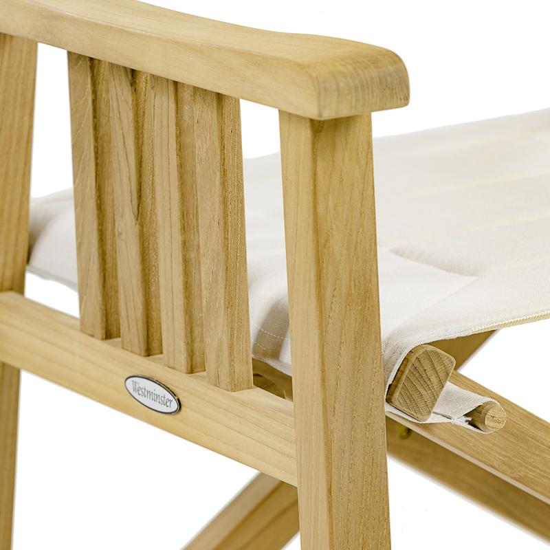 alt="12568f Barbuda teak Directors Chair closeup of left side armrest on white background"