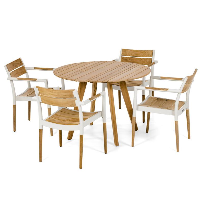 alt="70545 Bloom Surf 5 piece Dining Set of Surf 42 inch round teak dining table and 4 Bloom teak and powder coated aluminum dining chairs angled on white background"