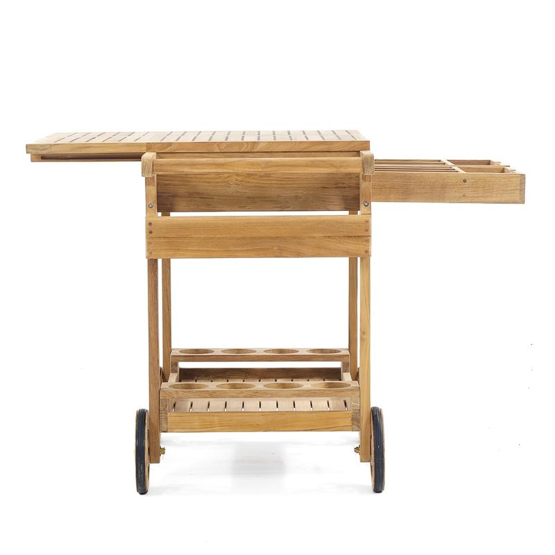 alt="17105 Alicante teak Trolley Cart side view showing drawers out  on white background"